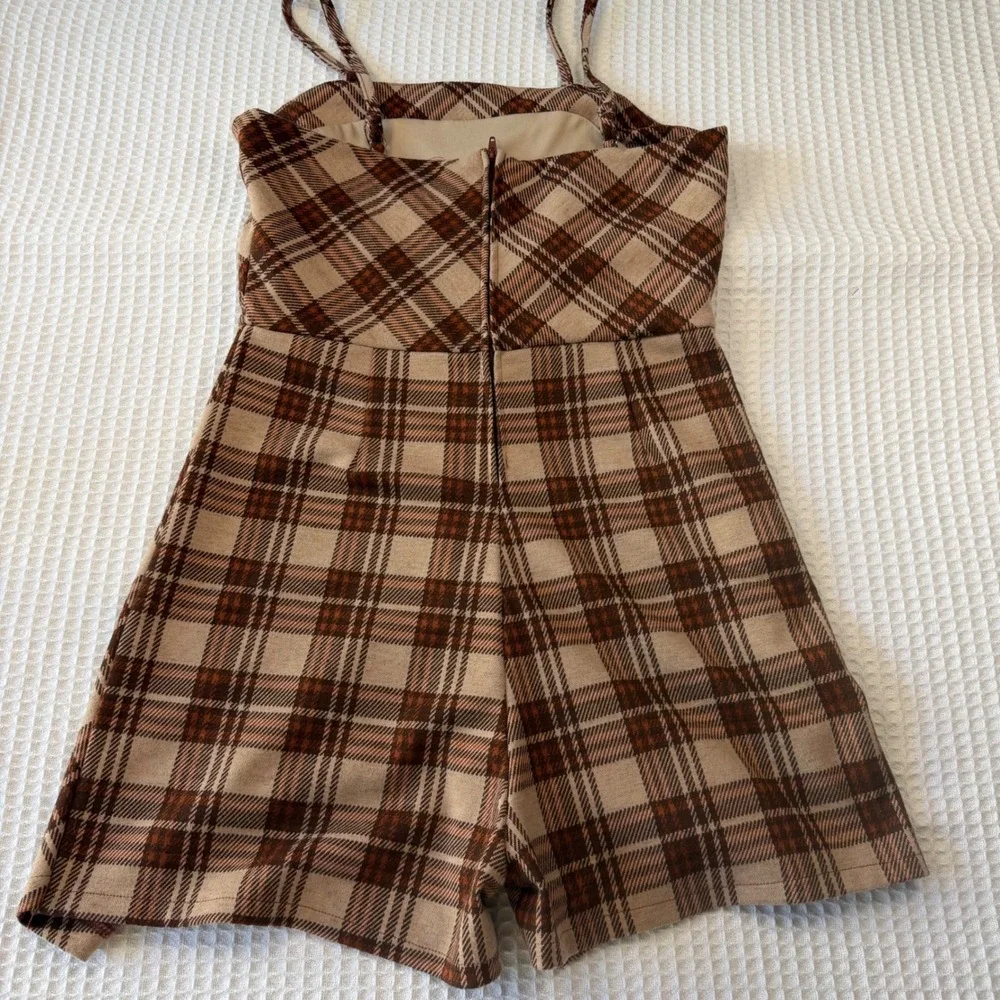 Rare Editions Girls Brown Plaid Skort Romper‎ Jumper Size 16 F455105